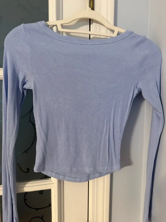 Garage Light Blue Ribbed Scoop Neck Long Sleeve Top - Picture 3 of 4